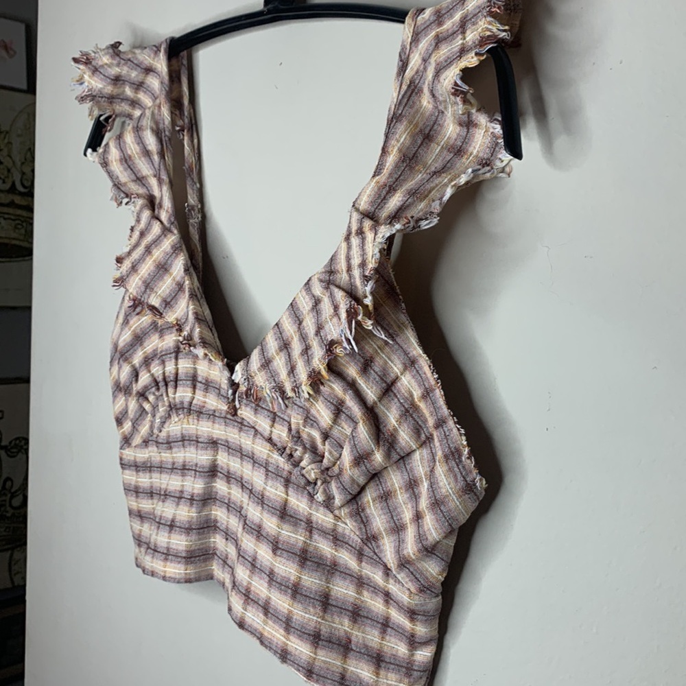 Crop Ruffle Plaid Flannel Print Tank Top Weatern Country Rustic Mustard Seed M - Picture 4 of 11